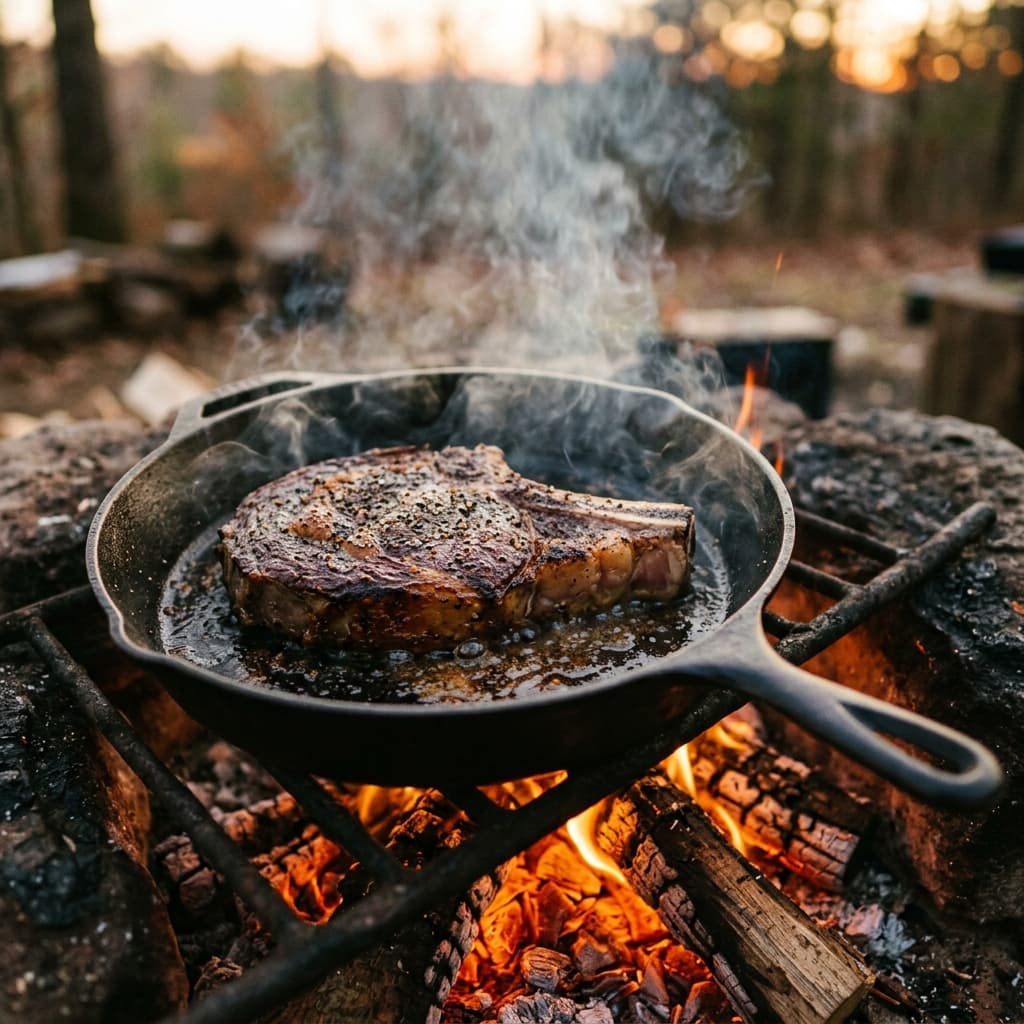 Primal cooking steak on cast iron skillet over an open fire